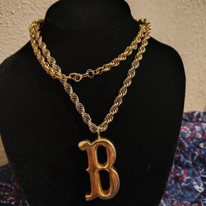 Vintage Les Bernard Gold Plated Rope Necklace & 3 In B Pendant